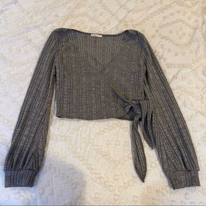 Cropped Grey Front Tied Crop Long Sleeve Top Size M